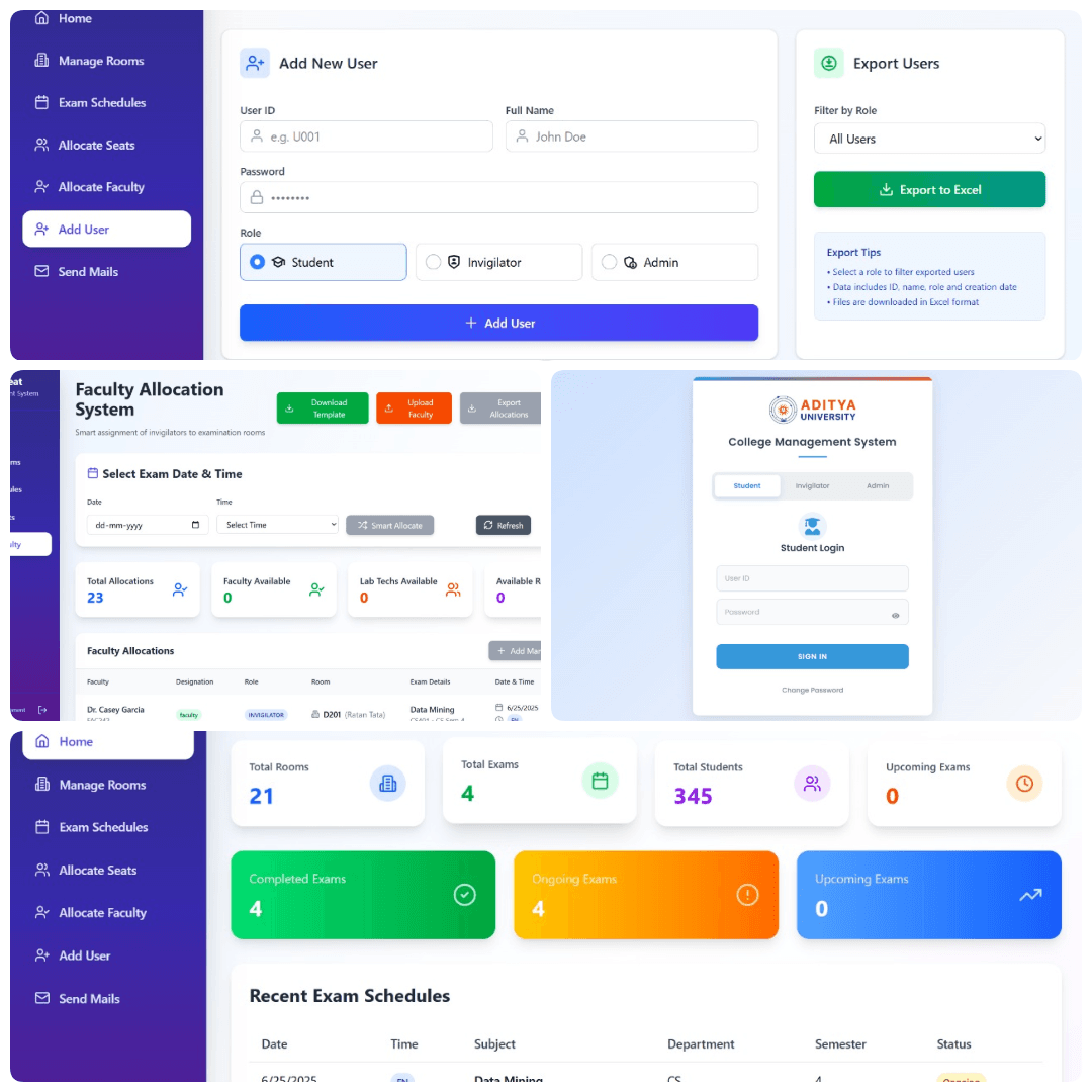 Exam Seating Management admin dashboard, faculty allocation and login screens